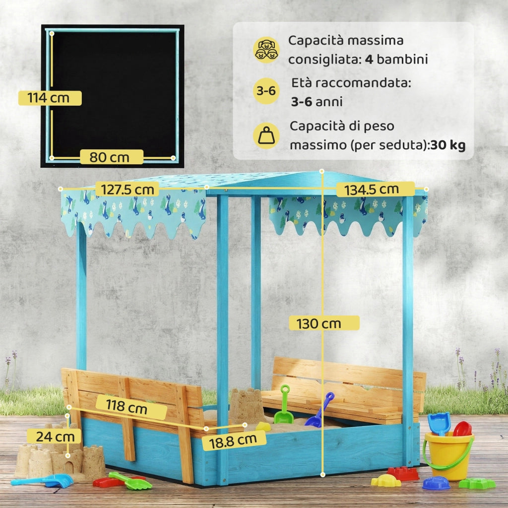 Sabbiera per Bambini 3-6 Anni con Tettuccio Dinosauri, Sedute Pieghevoli, Coperchio e Fodera Inclusa, Sabbionaia per Bambini in Legno di Abete, 134.5x127.5x130 cm, Blu
