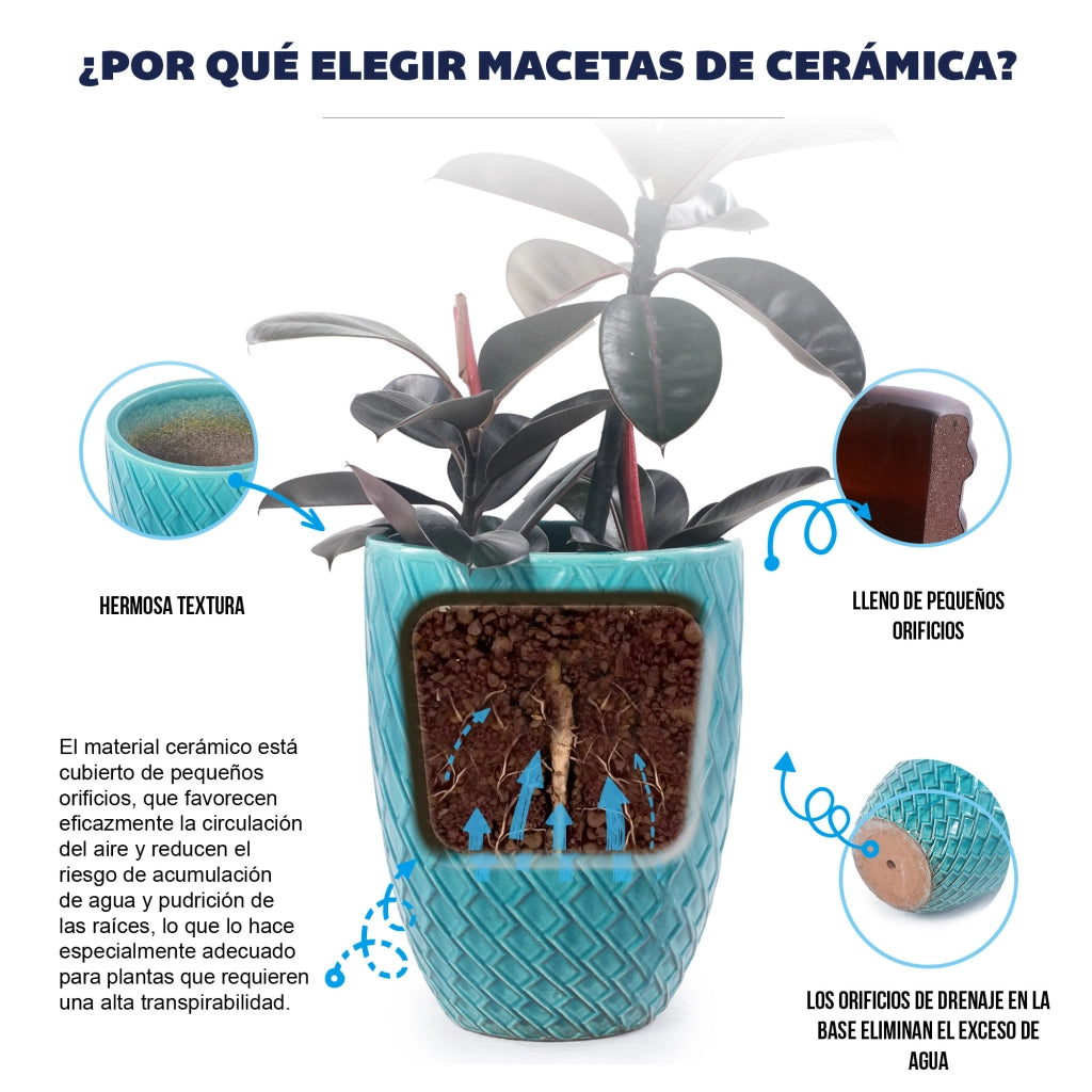 Fioriera a più livelli in ceramica artigianale con smalto lucido azzurro ciano e motivo a rombi 42 × 54 cm