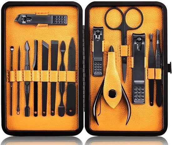 Set di manicure e pedicure professionale - Set di 15 pezzi in acciaio inossidabile con valigetta per viaggi (nero/giallo)
