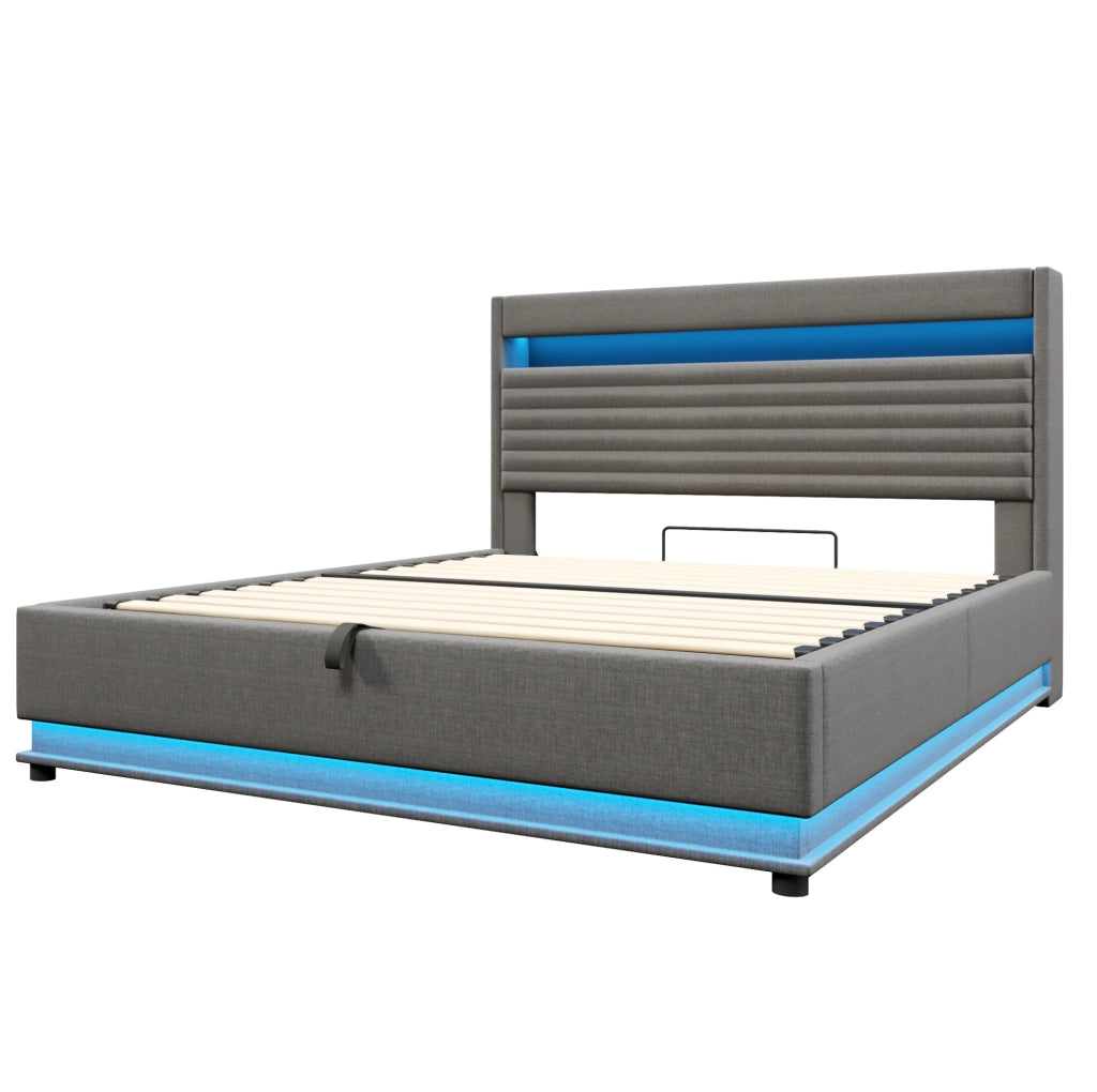Letto matrimoniale imbottito 180x200 cm con contenitore; LED; USB e USB-C; in lino grigio