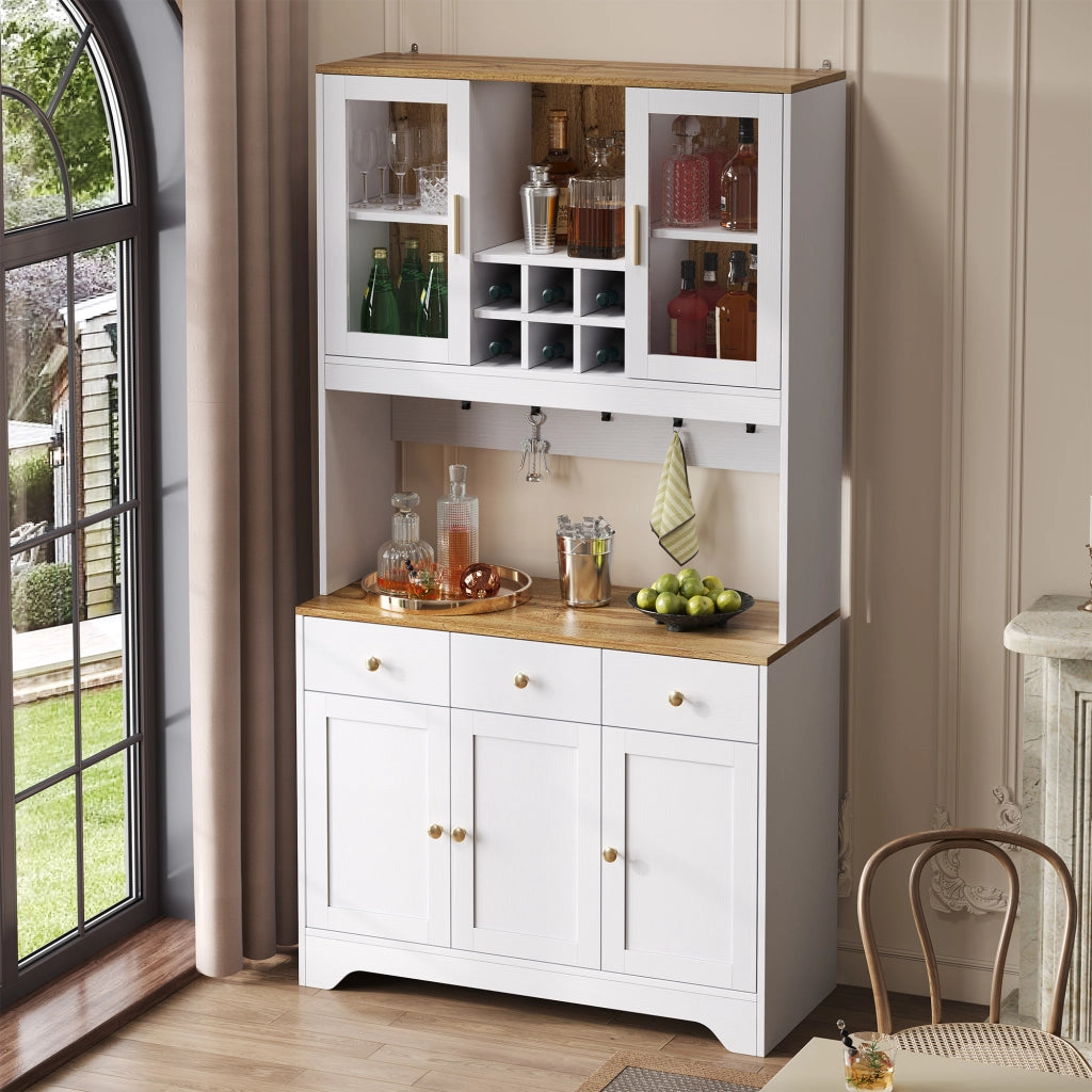 OKWISH Credenza Alta con 5 Ante, 3 Cassetti e Vani Aperti, Ante in Acrilico e Cerniere Ammortizzate, 94.5 x 30 x 175.5 cm