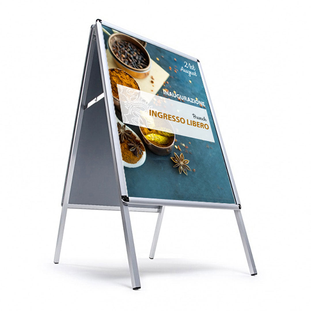 Espositore Pubblicitario Bifacciale a Cavalletto Pieghevole 100x140 cm Frame 32 in Alluminio da Esterno Antivento Silver