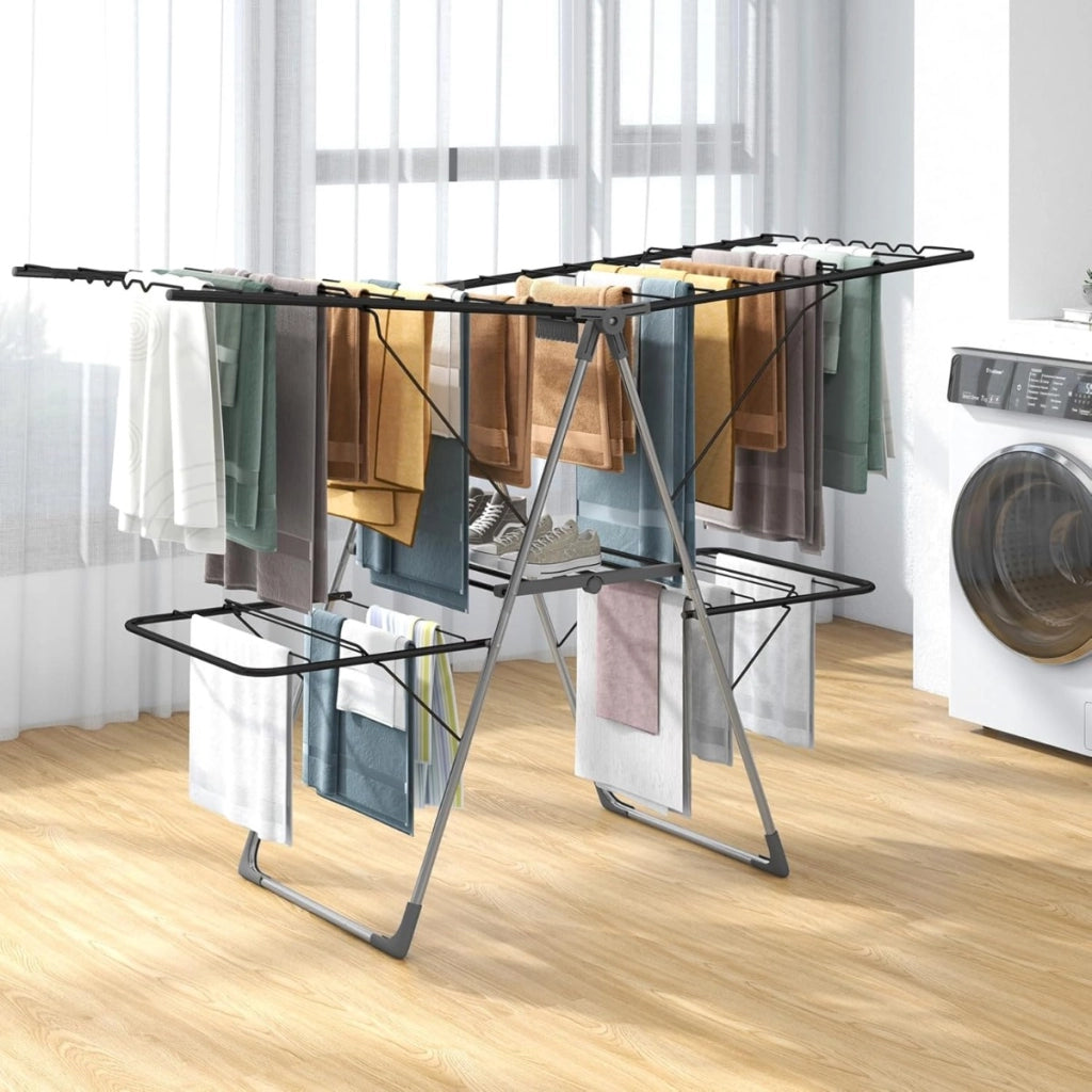Stendibiancheria a 2 livelli pieghevole con 33 barre per calzini, Stendibiancheria in acciaio inox per interno ed esterno Grigio-Appendiabiti