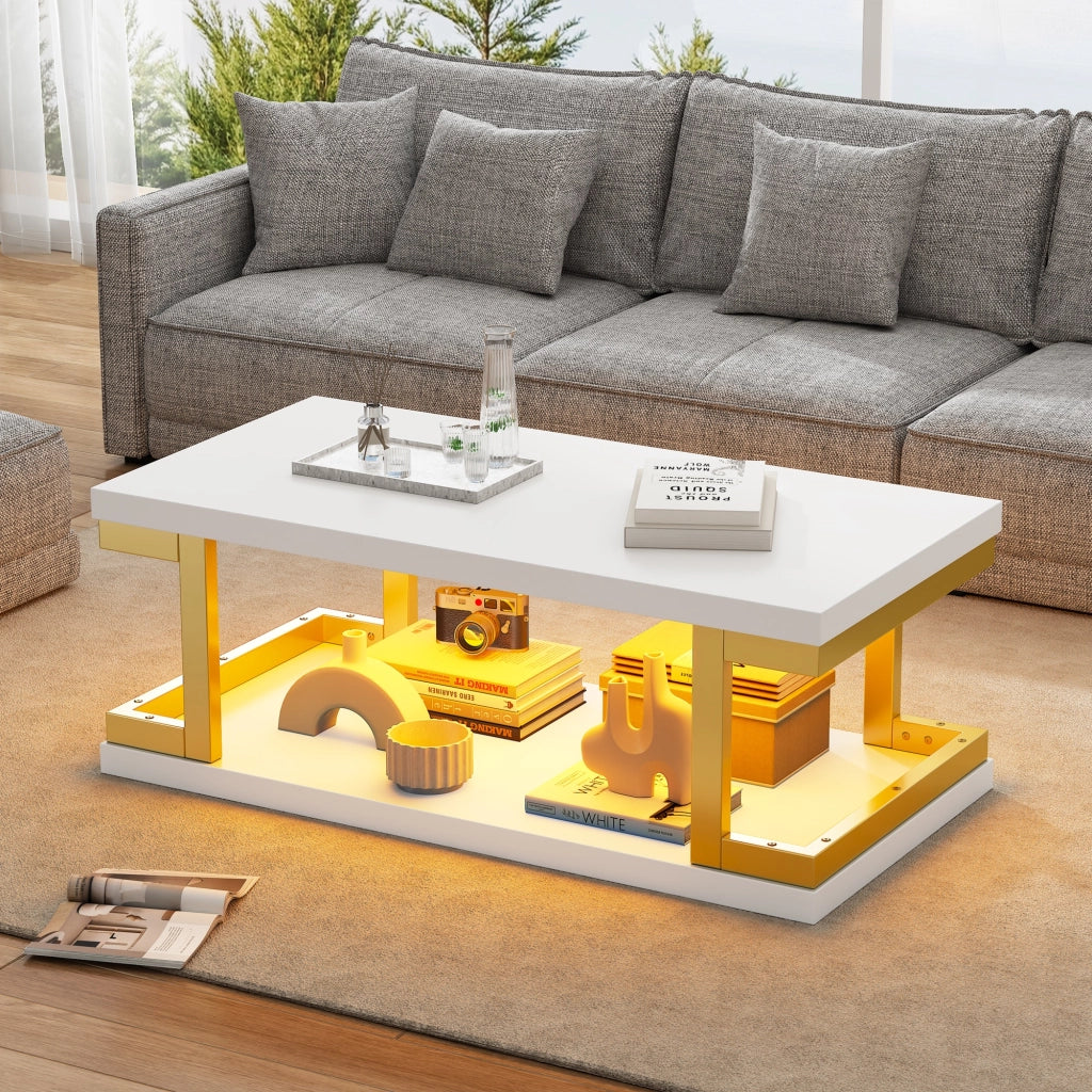 Tavolino, illuminazione a LED, MDF e metallo, 100x50x37.5 cm, bianco e oro