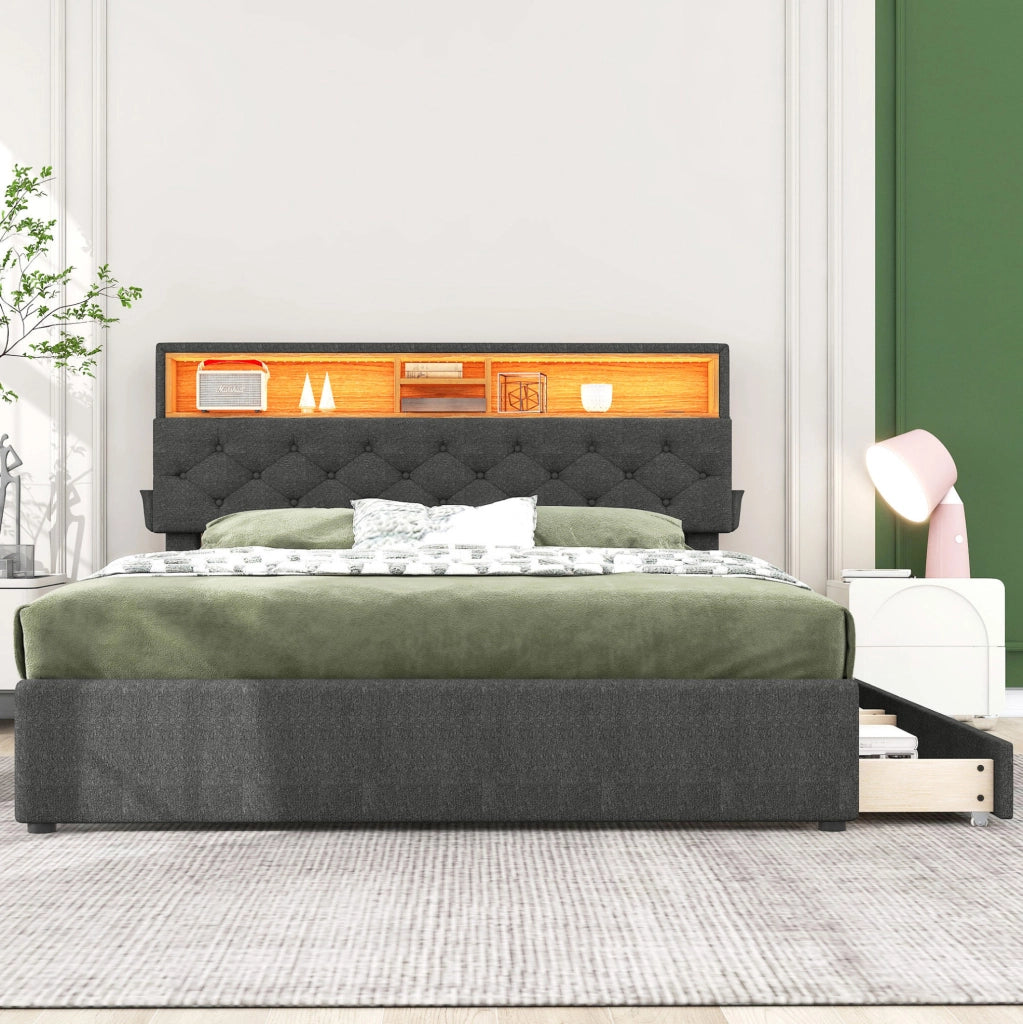 Letto matrimoniale con testiera regolabile; LED e USB; 2 cassetti; grigio 140x200 cm