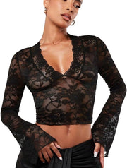 Camicia da donna con maniche lunghe e bordi trasparenti con cintura nera - mesh per donna