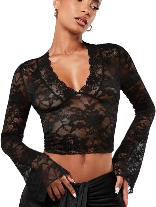 Camicia da donna con maniche lunghe e bordi trasparenti con cintura nera - mesh per donna