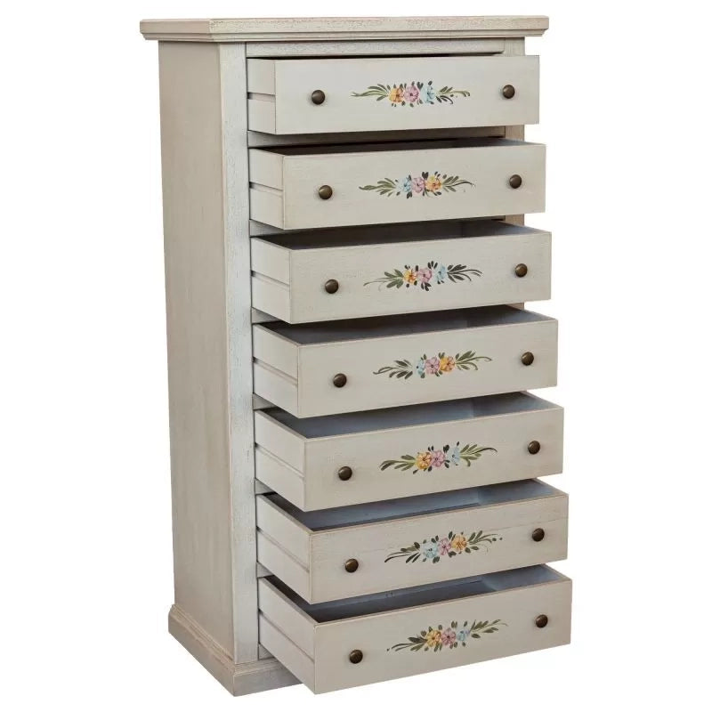 Cassettiera 7 cassetti shabby legno bianco anticato decorata 70x40x120 - Mobili 2G