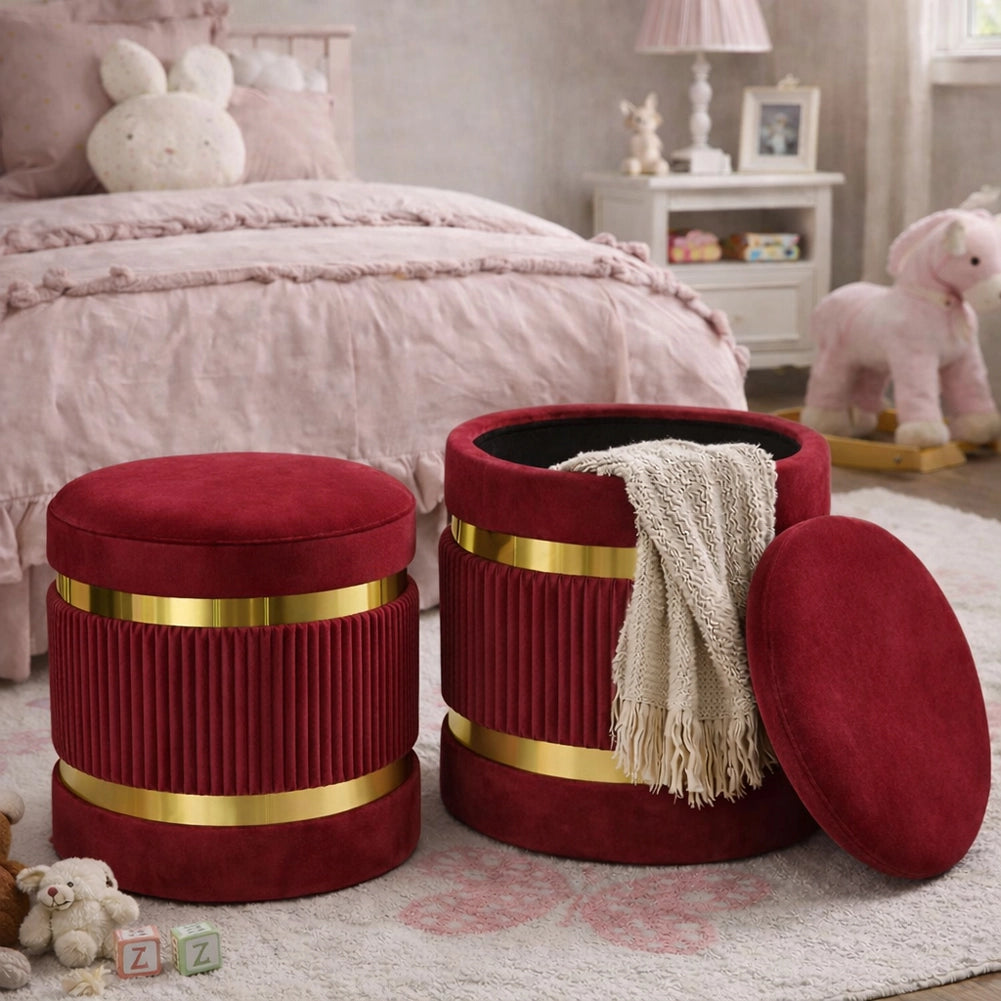 Set 2 Pouf Contenitore Bordeaux con Rivestimento Velluto Morbido Sgabelli Moderni