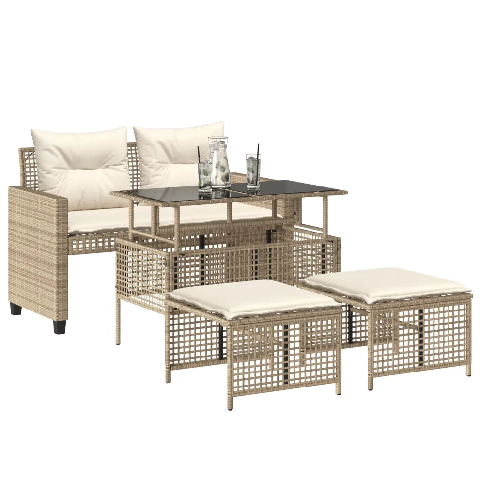 Set Divano da Giardino 4 pz | Set Salotto da Giardino con Cuscini Beige Polyrattan Vetro