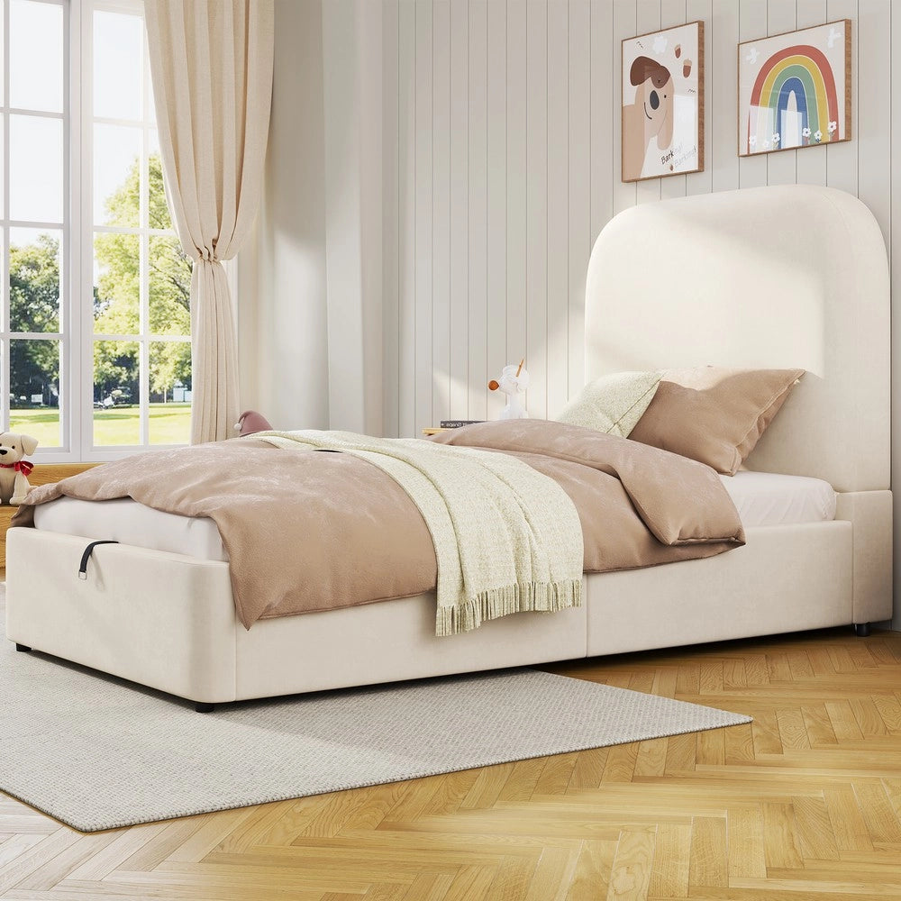 Letto Singolo Imbottito Contenitore ¨C Xylo ¨C Velluto Beige 90x190 con Rete a Doghe