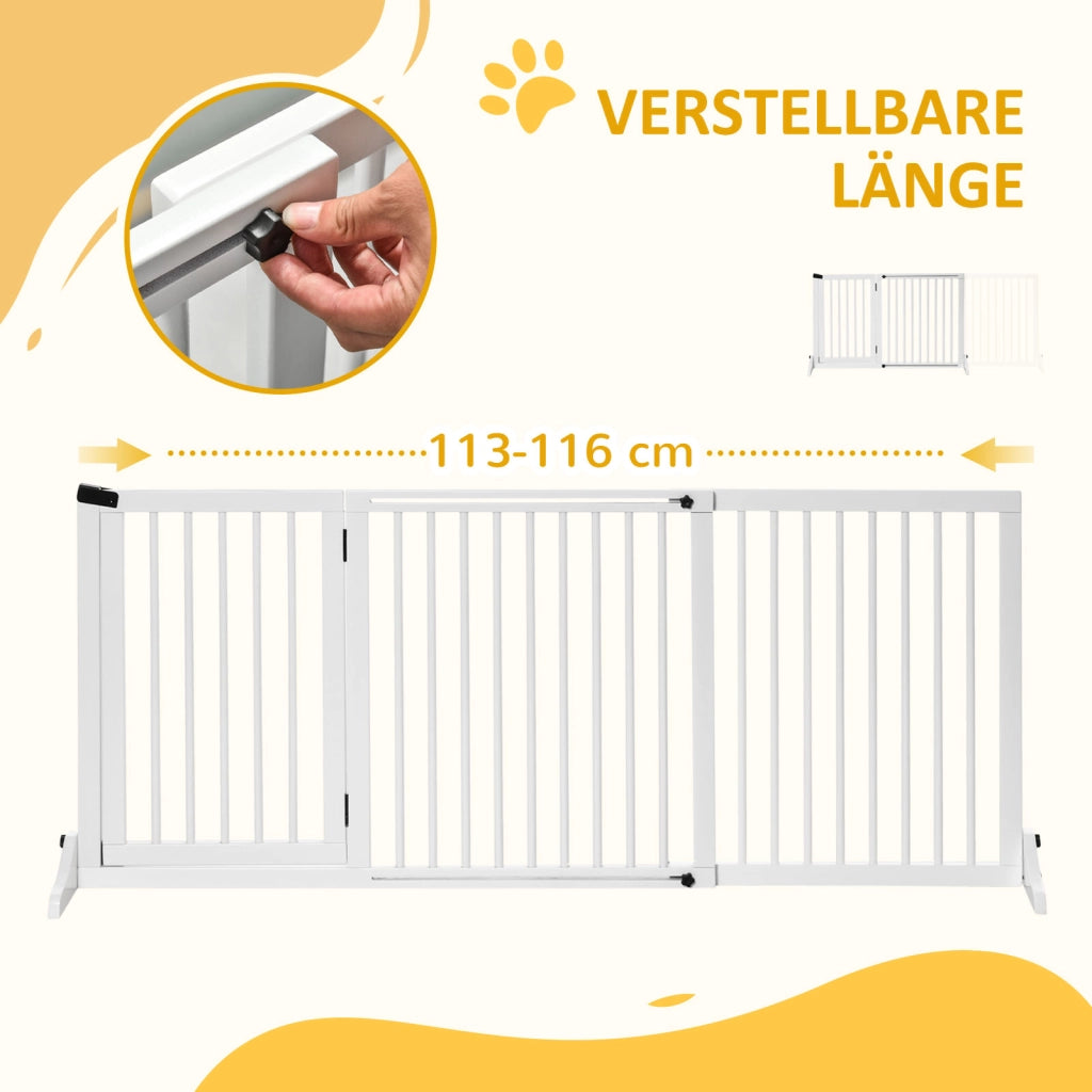 Barriera estensibile a forbice con porta integrata a 3 pannelli in legno di pino bianco 113-166 × 36 × 71 cm