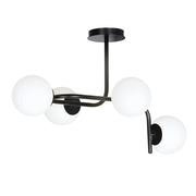 Lampadario 4 Luci Rama In Acciaio Nero A Bracci Curvi E Sfere In Vetro Opalino