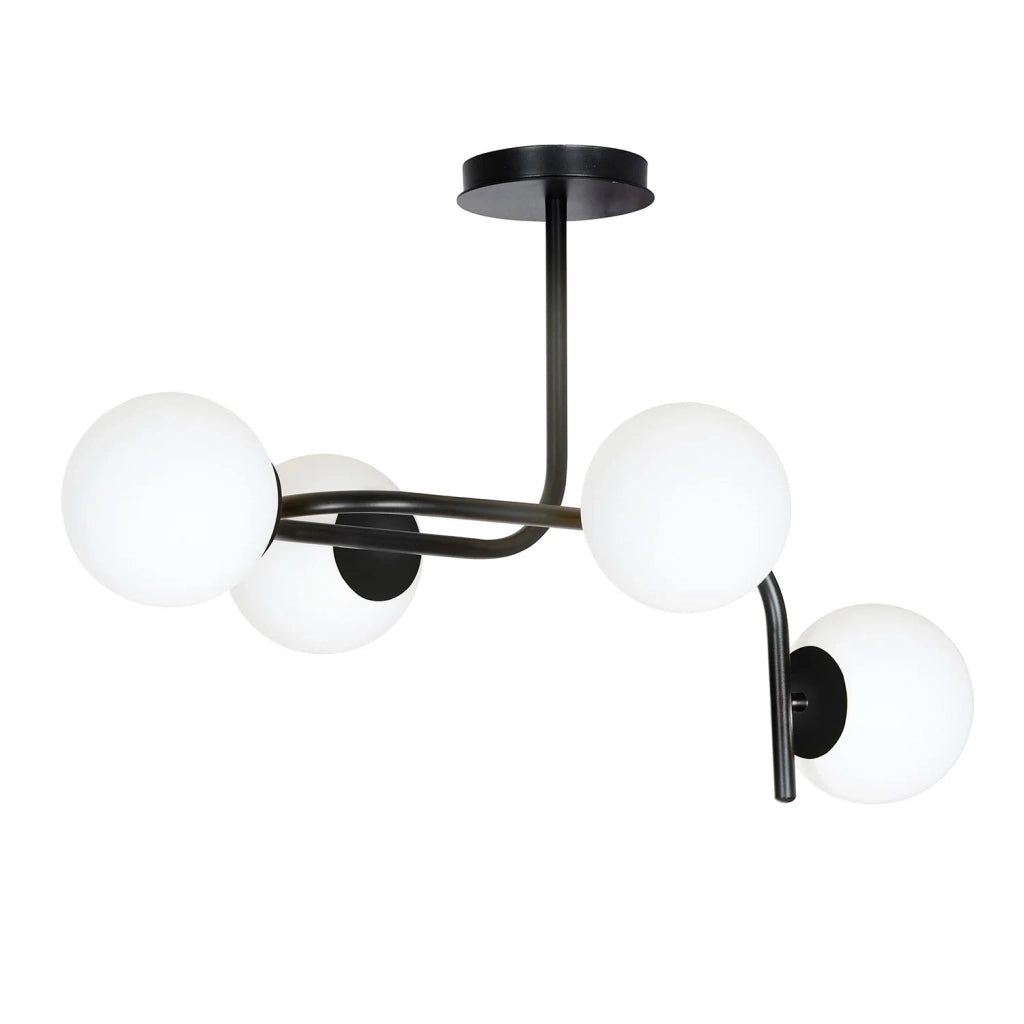 Lampadario 4 Luci Rama In Acciaio Nero A Bracci Curvi E Sfere In Vetro Opalino