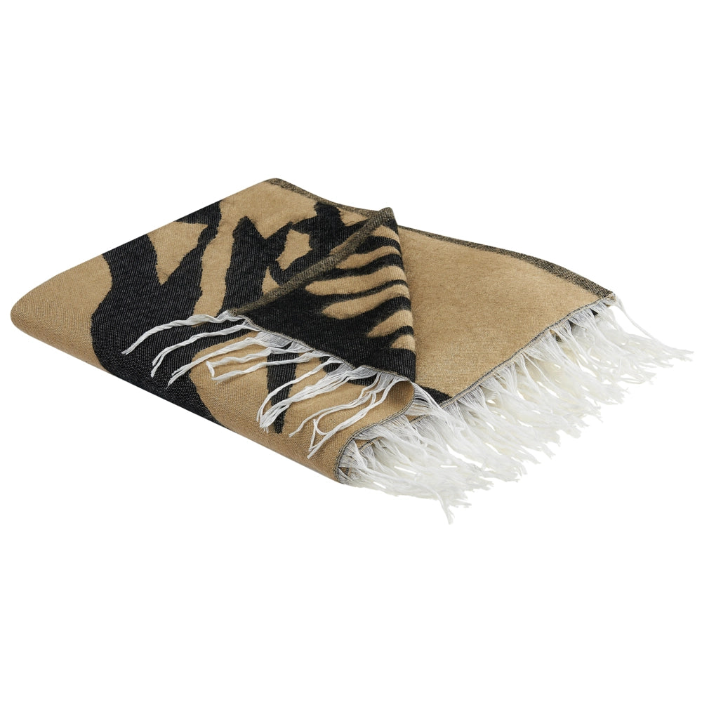 Coperta beige e nera in misto poliestere e acrilico, 130 x 170 cm, motivo astratto decorativo, motivo double face