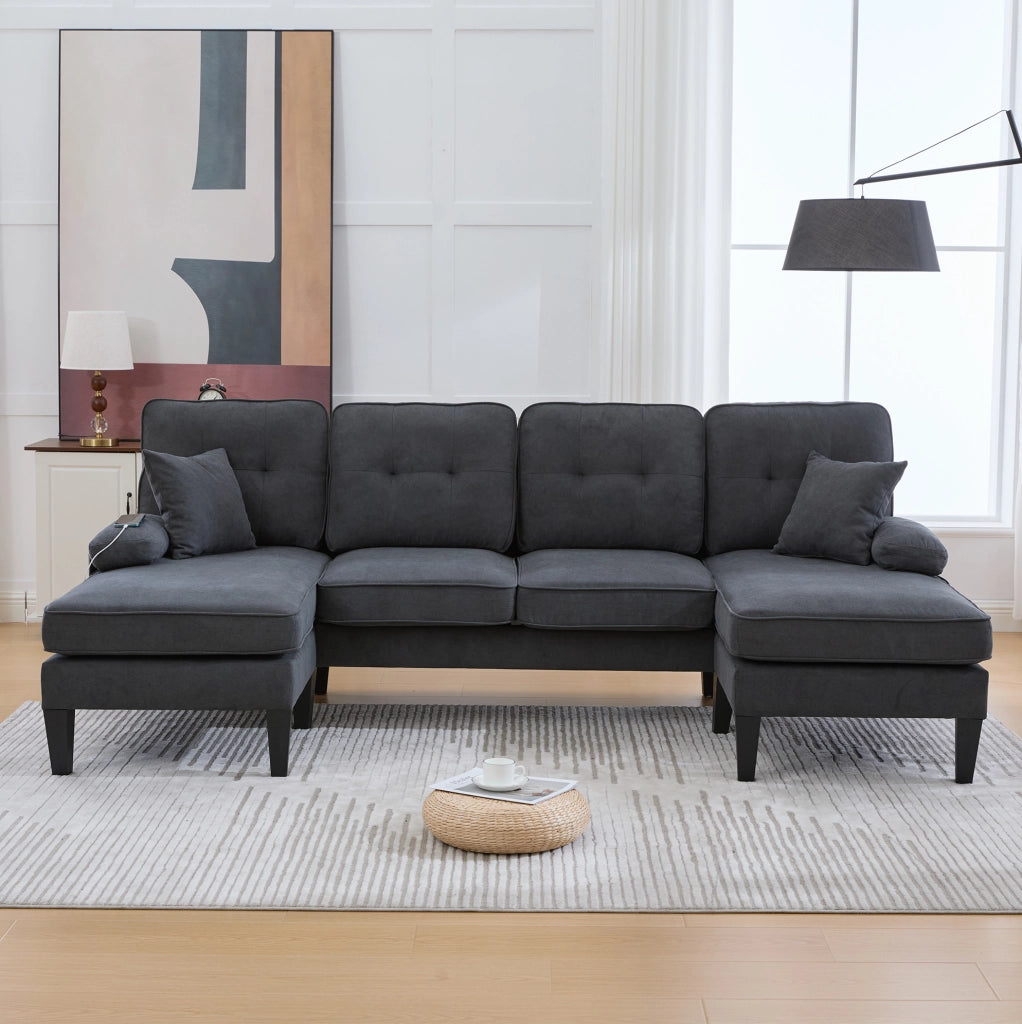 Divano angolare a U 4 posti in tessuto effetto lino; 250x130x88 cm; grigio scuro