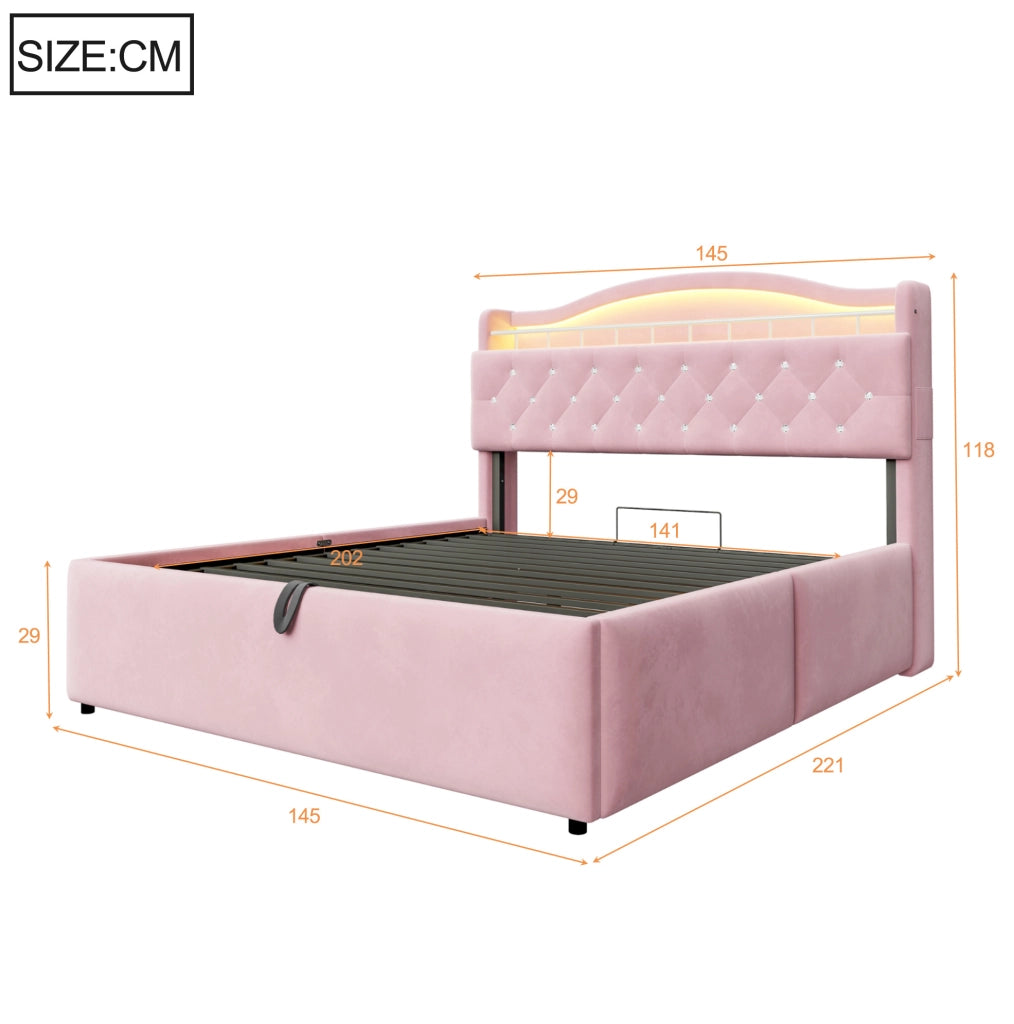 LETTO Contenitore 140x200 cm in Velluto Rosa con LED USB e USB-C