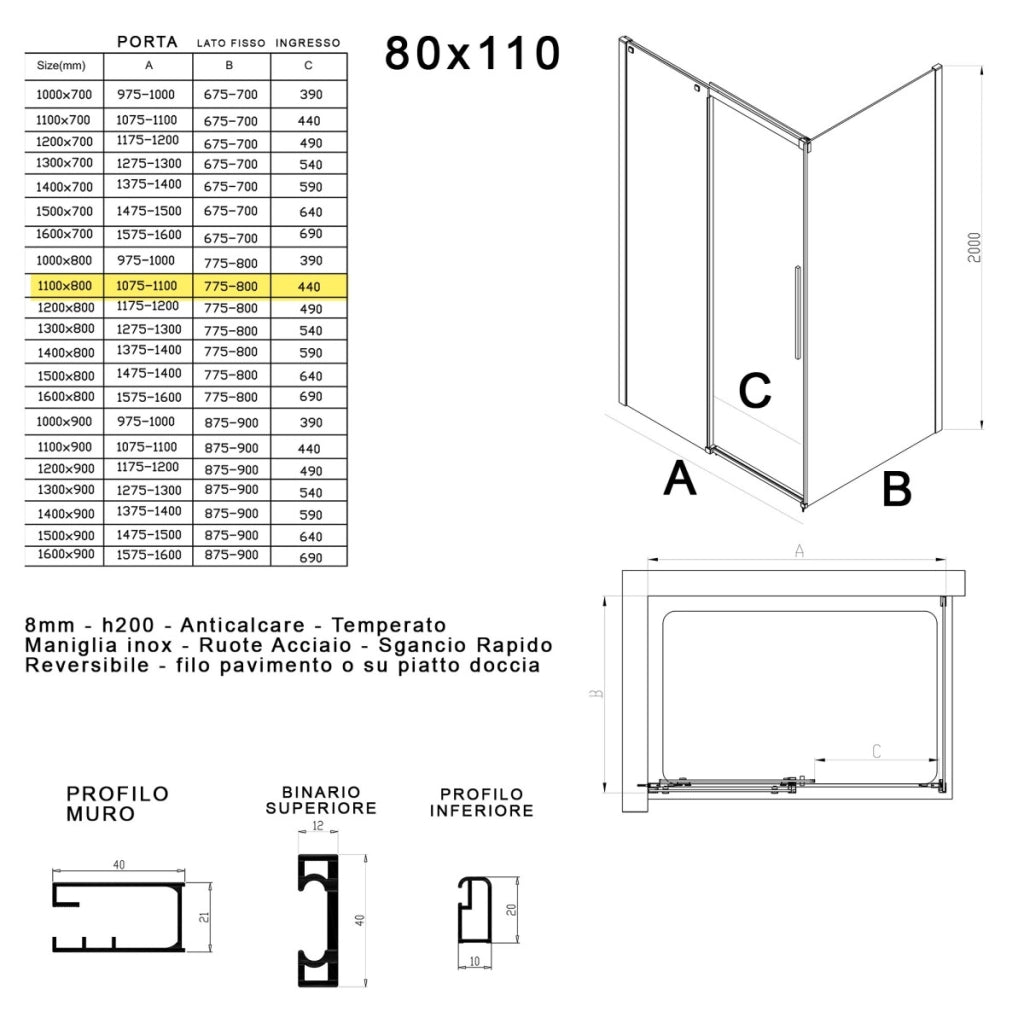 Box doccia due lati in cristallo 8mm h200cm anticalcare target, misura 80x110