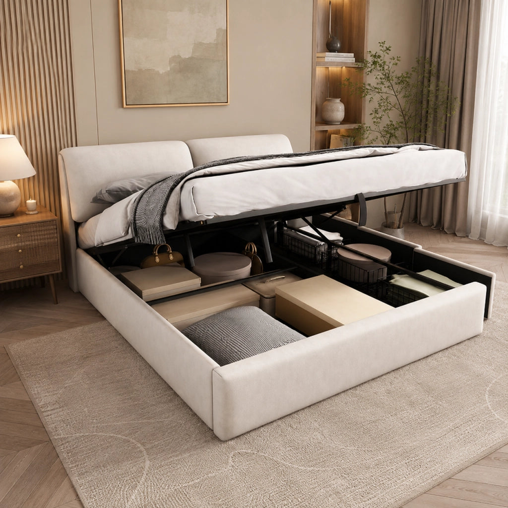 Letto contenitore 180x200 cm; matrimoniale con contenitore idraulico; 3 cassetti; rete a doghe e testiera; velluto; beige