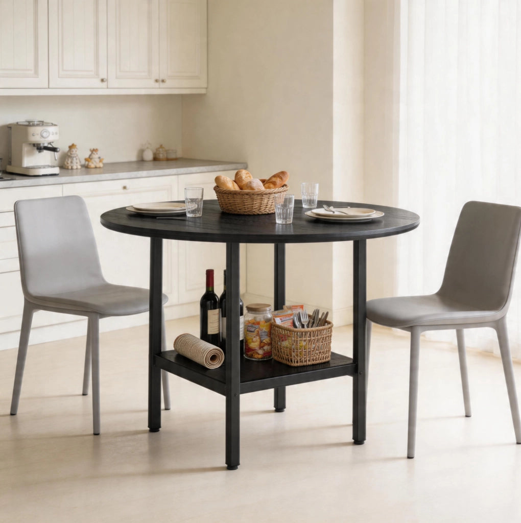 Tavolo da pranzo rotondo moderno 100 cm con doppio ripiano portaoggetti; MDF e metallo; nero