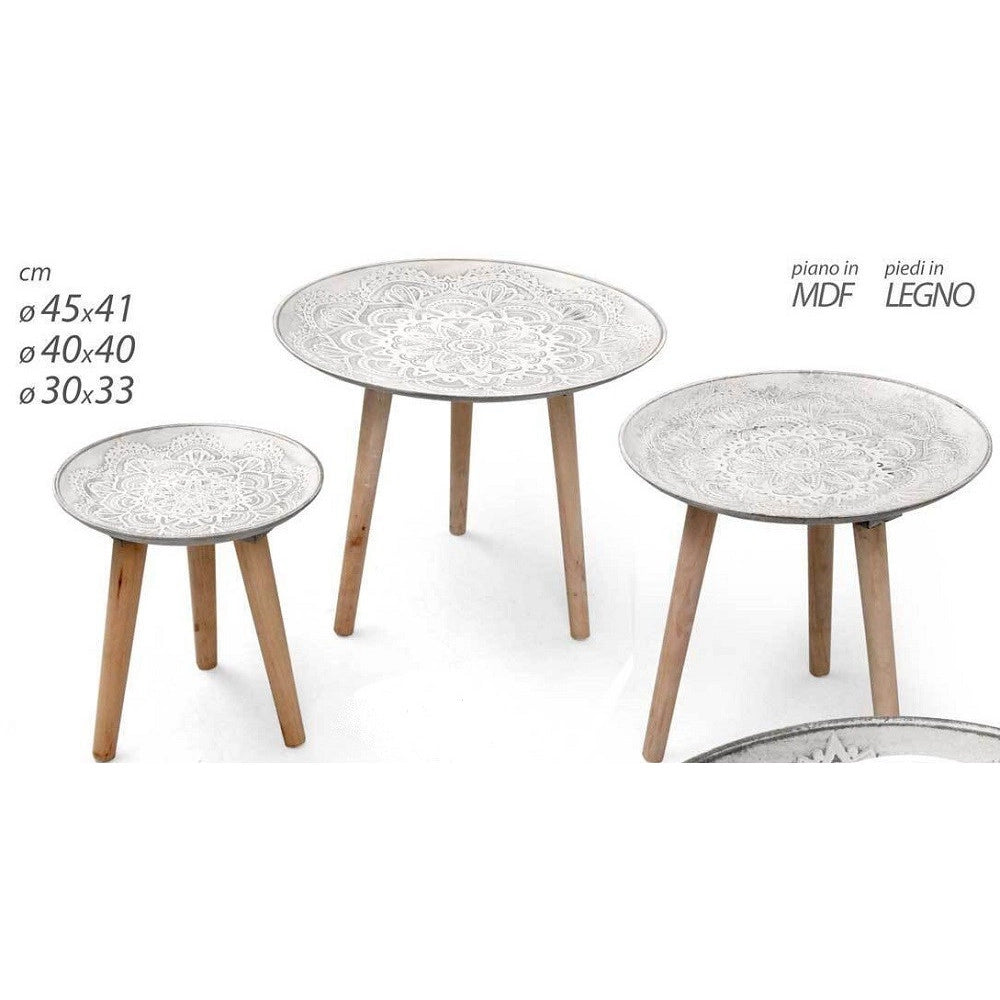 Trade Shop - Set 3 Tavolini Piedi In Legno Salotto Giardino Decorati ø45-40-30cm Tondi 783951 -