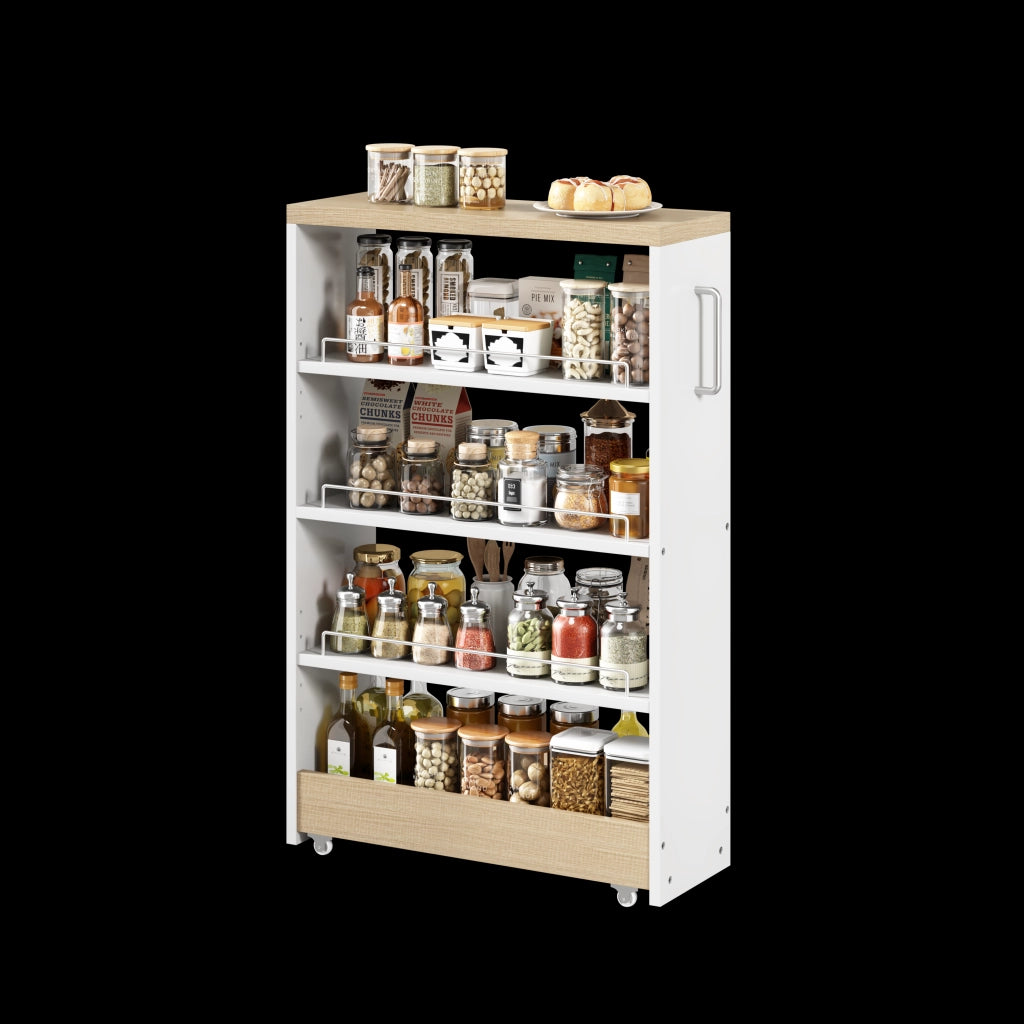 Carrello portaspezie salvaspazio 16 cm con 4 ripiani regolabili, bianco effetto legno, 55x16x85 cm