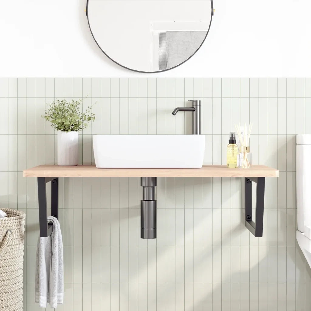 Ripiano a Parete per Lavabo in Acciaio e Massello di Faggio 3302519