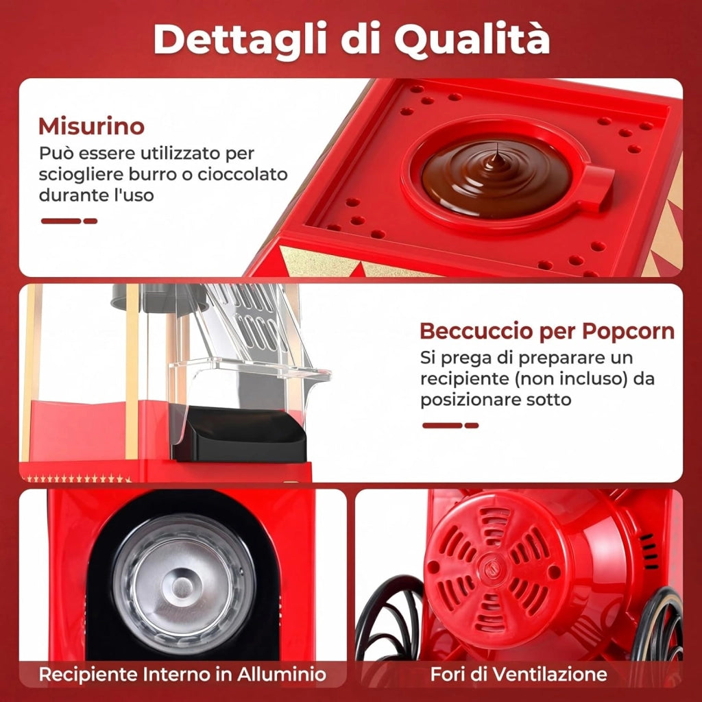 1200W Macchina Pop Corn, Macchina Popcorn ad Aria Calda con Misurino Pronta in 2 Minuti, Senza Olio, Design Retro e Portatile per Serata Cinema Casa