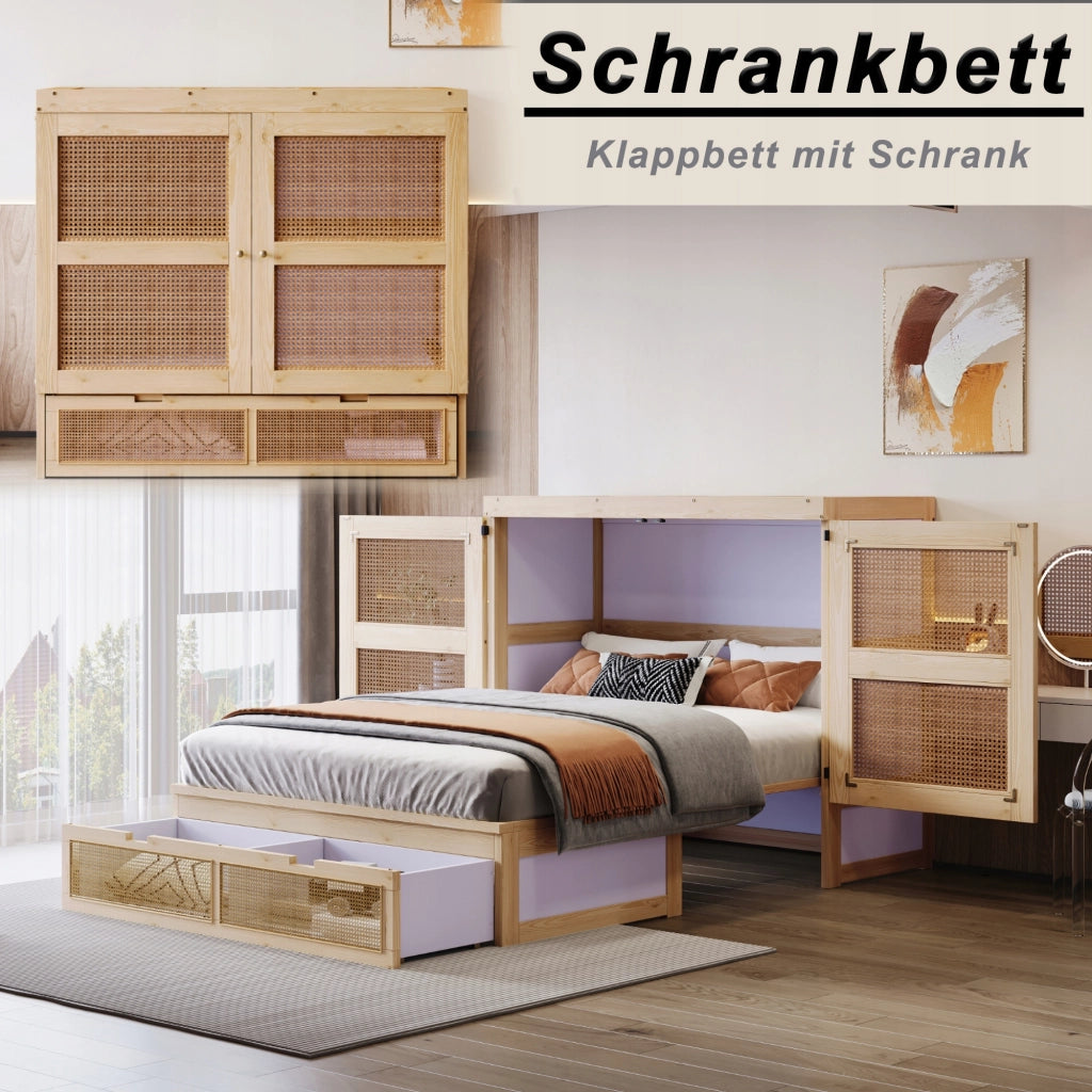 Letto armadio in rattan - Xylo - 140x200 con cassetti