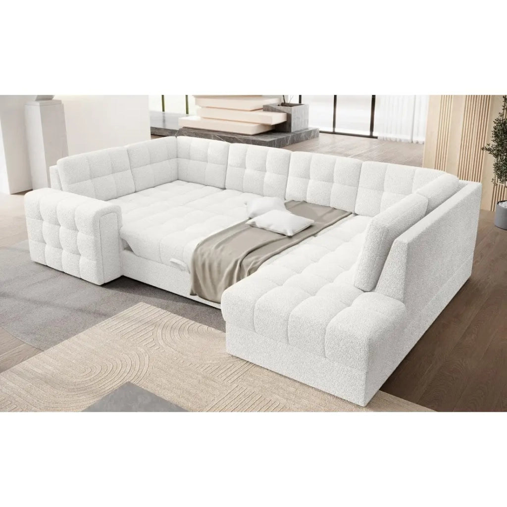 Divano ad angolo convertibile MONTEZA bianco bouclé 299 cm con vano contenitore e letto