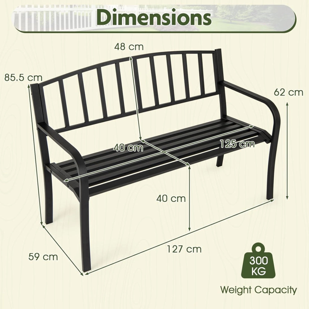 Panca da giardino in metallo, resistente alle intemperie, per 2 persone, panca da balcone con schienale e bracciolo, panca da balcone in metallo, portata fino a 300 kg, 127 x 59 x 85,5 cm