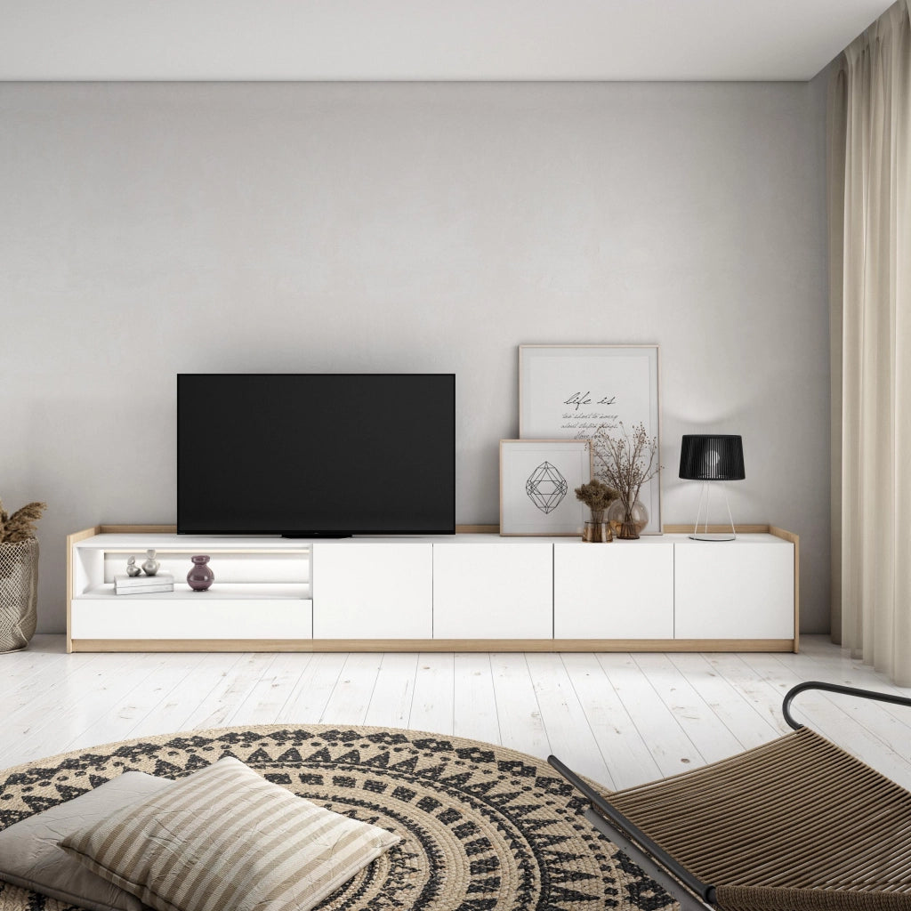 Mobile TV Soggiorno, 310x50x37 cm, Per TV fino a 80", LED, Bianco e Rovere soft