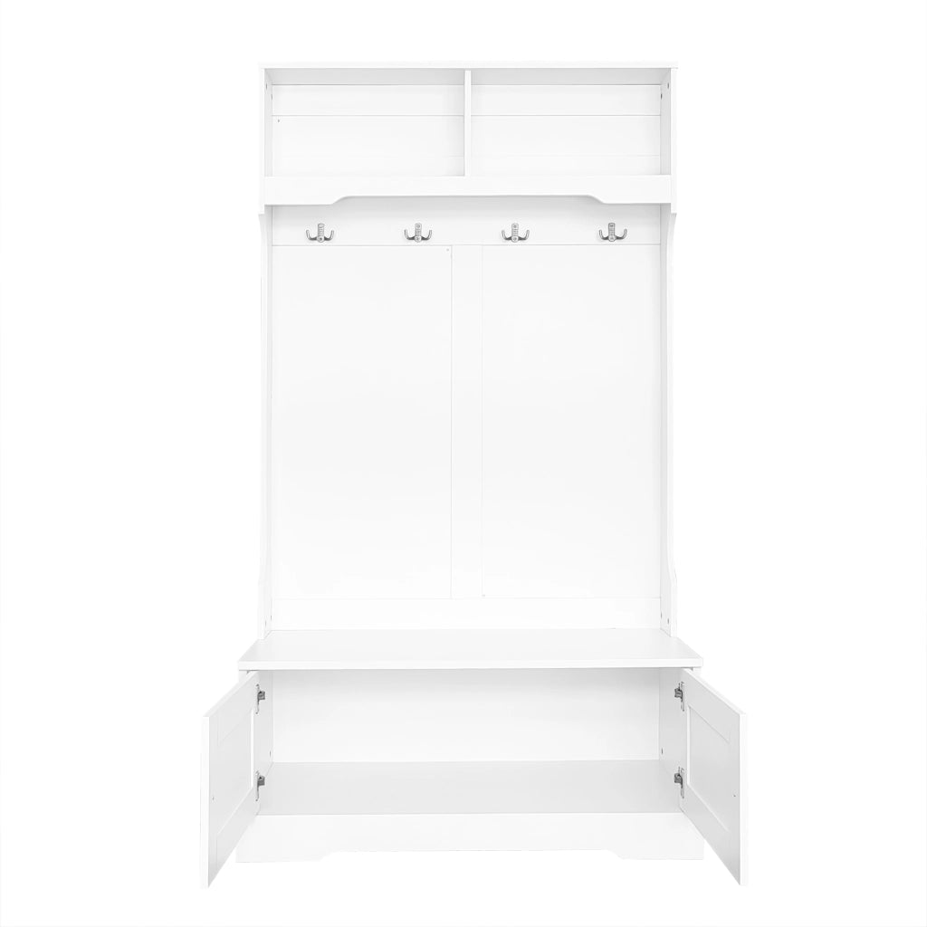 Mobile ingresso con panca; 2 ante; 2 vani aperti e 4 ganci; per ingresso; bianco; 101.5 × 183 cm