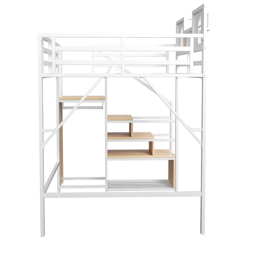 Letto a soppalco in metallo 140 x 200 cm con scala contenitore, mensola integrata e struttura robusta, bianco