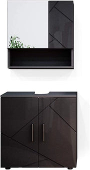 Set mobili bagno Irma, Antracite lucido, 80 cm, composto da specchio da bagno e mobile sottolavabo