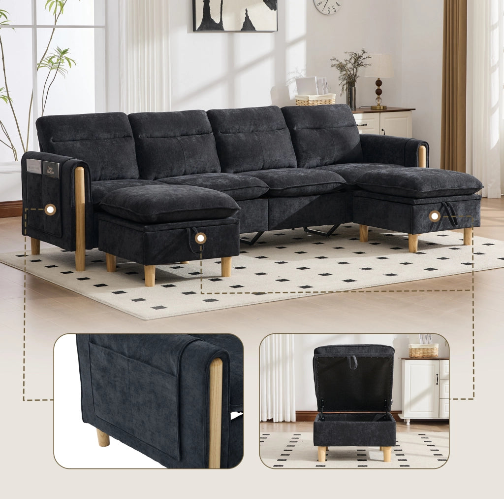 Divano modulare ad angolo a U 4 posti in tessuto Chenille nero con 2 pouf contenitori e gambe in legno