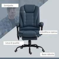 Poltrona da Ufficio con 7 Punti Massaggianti e Poggiapiedi, in Pelle PU e Acciaio, 67x67x111-121 cm, Blu