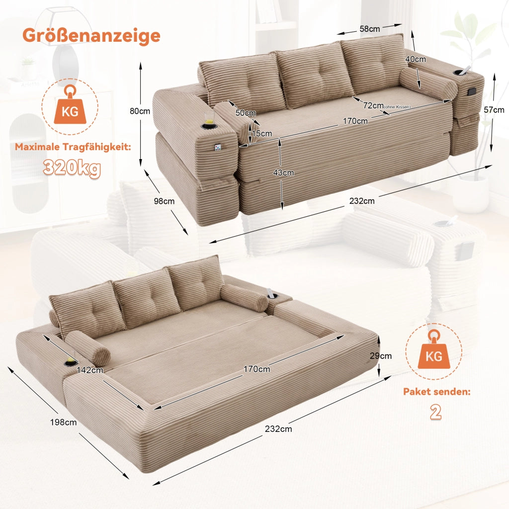 Divano convertibile modulare con cuscini in memory foam, tasche laterali e portabicchieri, in tessuto a coste khaki