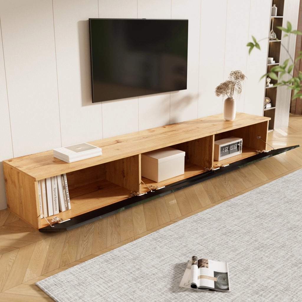 OKWISH Mobile TV con 3 Ante e LED, Montaggio a Terra o Parete, Stile Moderno, per Soggiorno, MDF, Nero e Legno, 180 x 35 x 30 cm