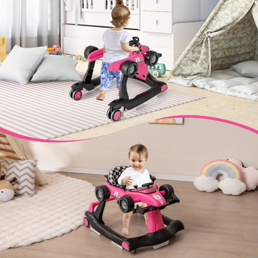 Primi passi 4 in 1 per neonati con altezza e velocit¨¤ regolabili, Primi passi a spinta con carillon con luci Rosa scuro-Primi passi
