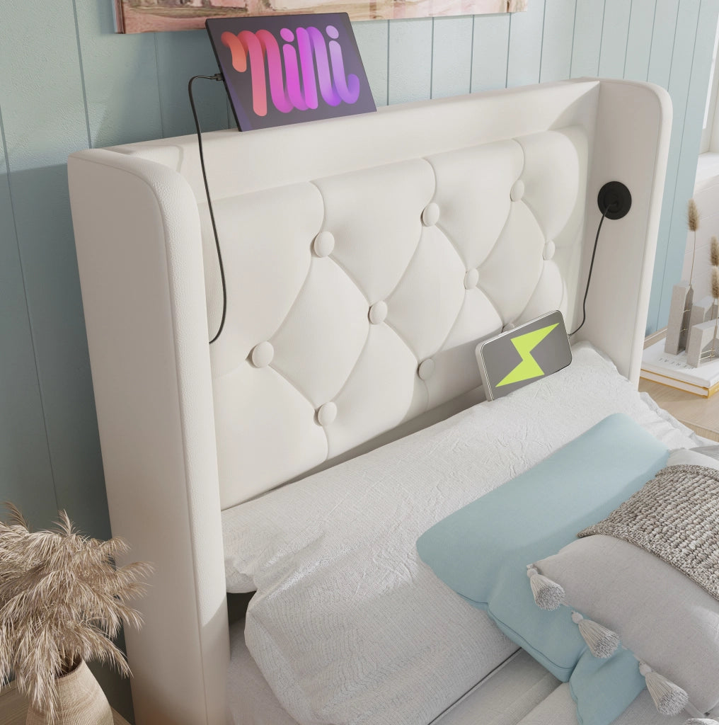 Letto singolo imbottito con contenitore 90x200 cm in PU bianco; LED e USB Type-C