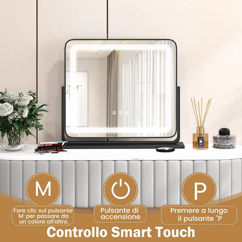 Specchio per Trucco, Specchio da Tavolo con luci LED a 3 Colori, Luminosità Regolabile e Controllo Intelligente a Sfioramento, Ruotabile a 360° con Ingrandimento 5X, 50x44 cm