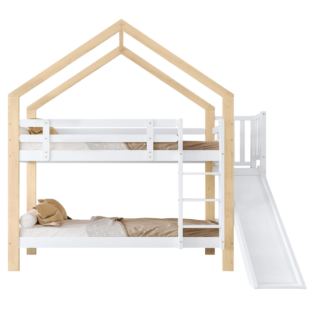 Letto a Castello 90x200 cm con Scivolo e Scala a 3 Gradini in Legno Bianco Naturale