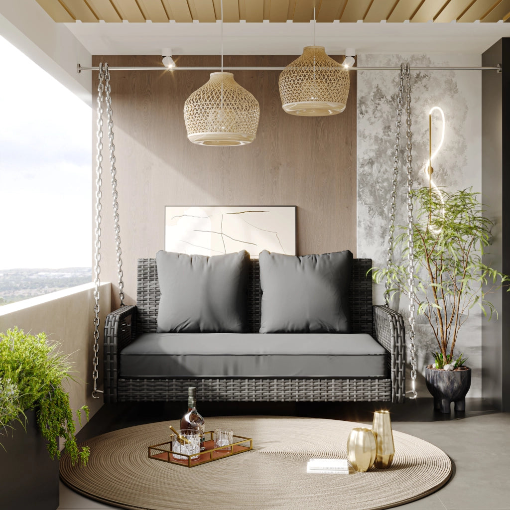 Hollywoodschaukel in Rattan Grigio - Zephmum - 2 Posti, Cuscini Rimovibili e Lavabili