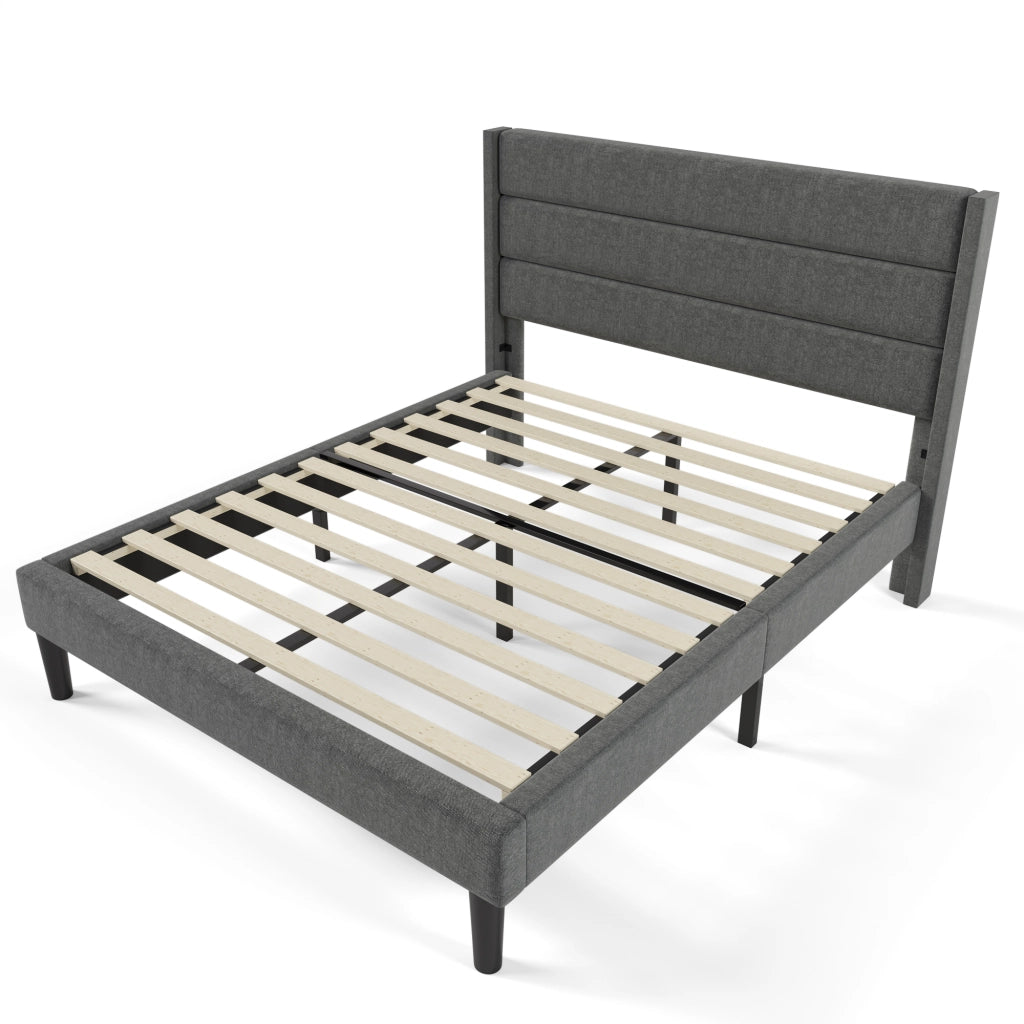 Letto imbottito 140x200 cm con rete a doghe, testiera imbottita, tessuto in lino grigio scuro, design moderno salvaspazio