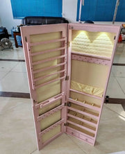 Armadietto per Gioielli con Illuminazione a LED Portagioie da Parete con Specchio, Chiudibile a Chiave, 35,5 x 10 x 120 cm (Rosa)