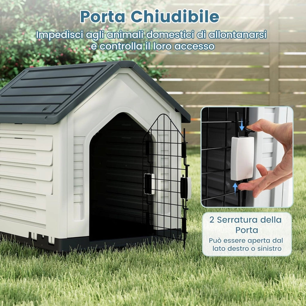 Cuccia per Cani da Esterno ed Interno, Cassetta per Cani Impermeabile con Porta in Metallo Bloccabile e Prese d'aria e Tetto Spiovente, Cucce per Cuccioli per Casa, 66,5 x 52 x 60 cm (Grigio)