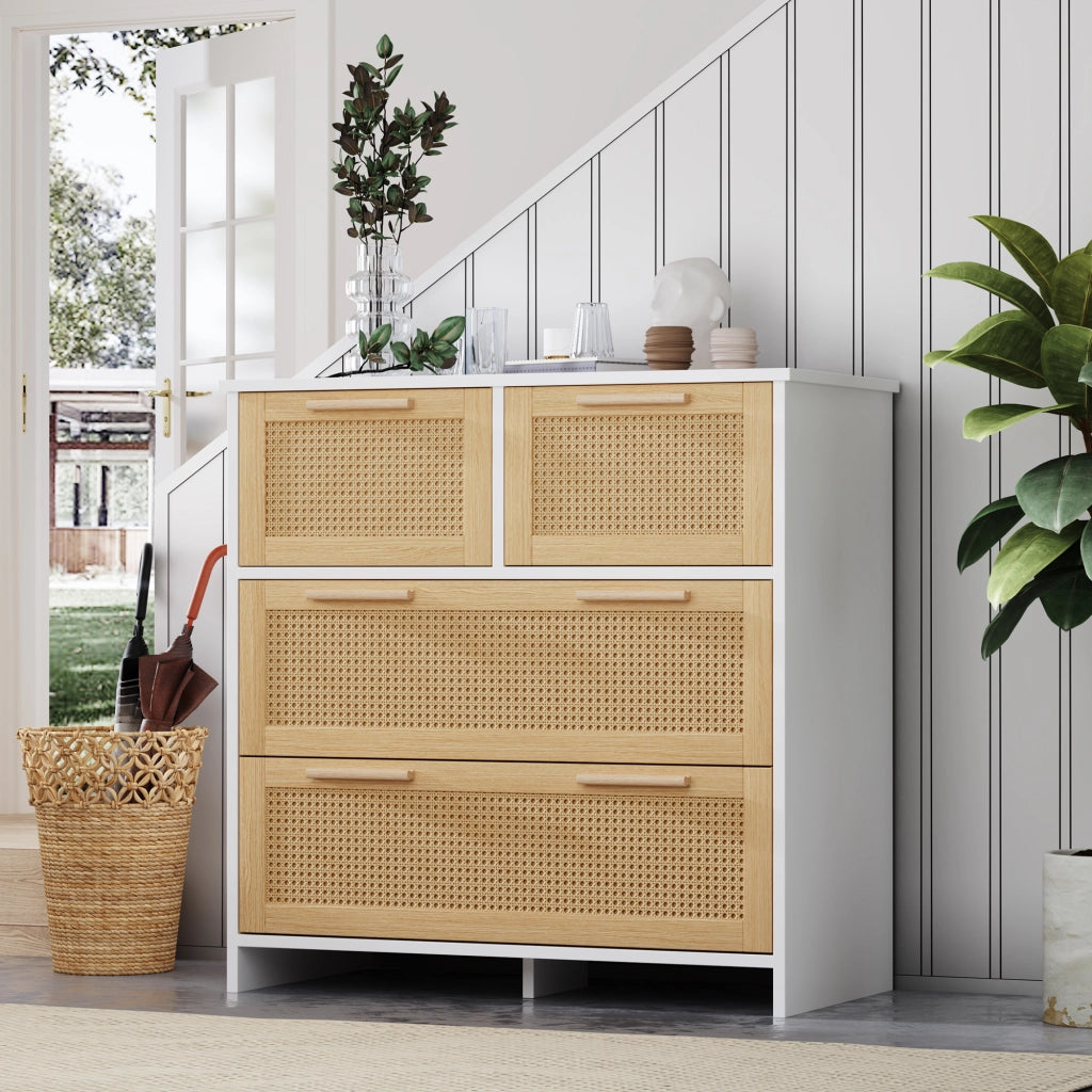 Cassettiera con 4 Cassetti in Rattan e Maniglie in Legno Massello; Stile Moderno; in MDF; Naturale e Bianco; 80??38??80 cm