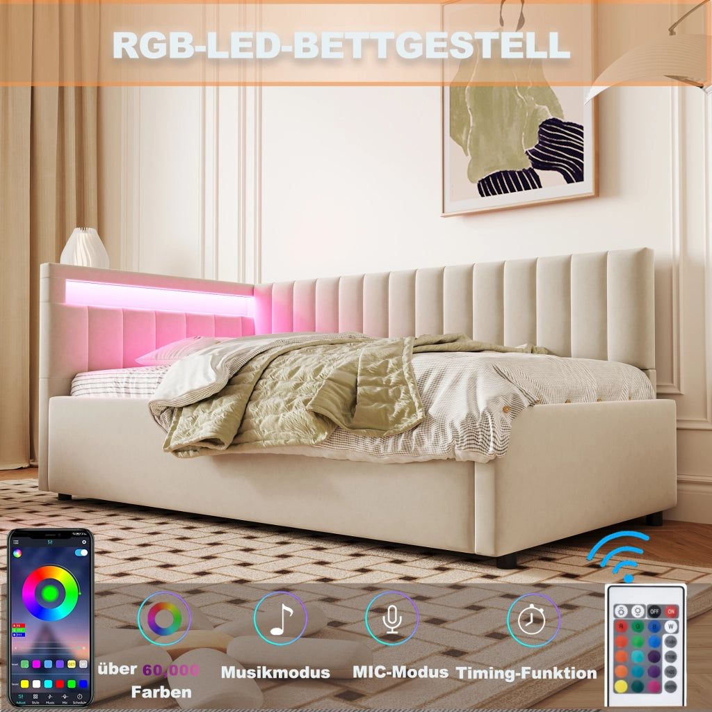 OKWISH Letto Divano 90×200 cm, Letto Singolo con LED, Vano Contenitore Idraulico e Testiera Reversibile, senza Materasso, Velluto, Beige