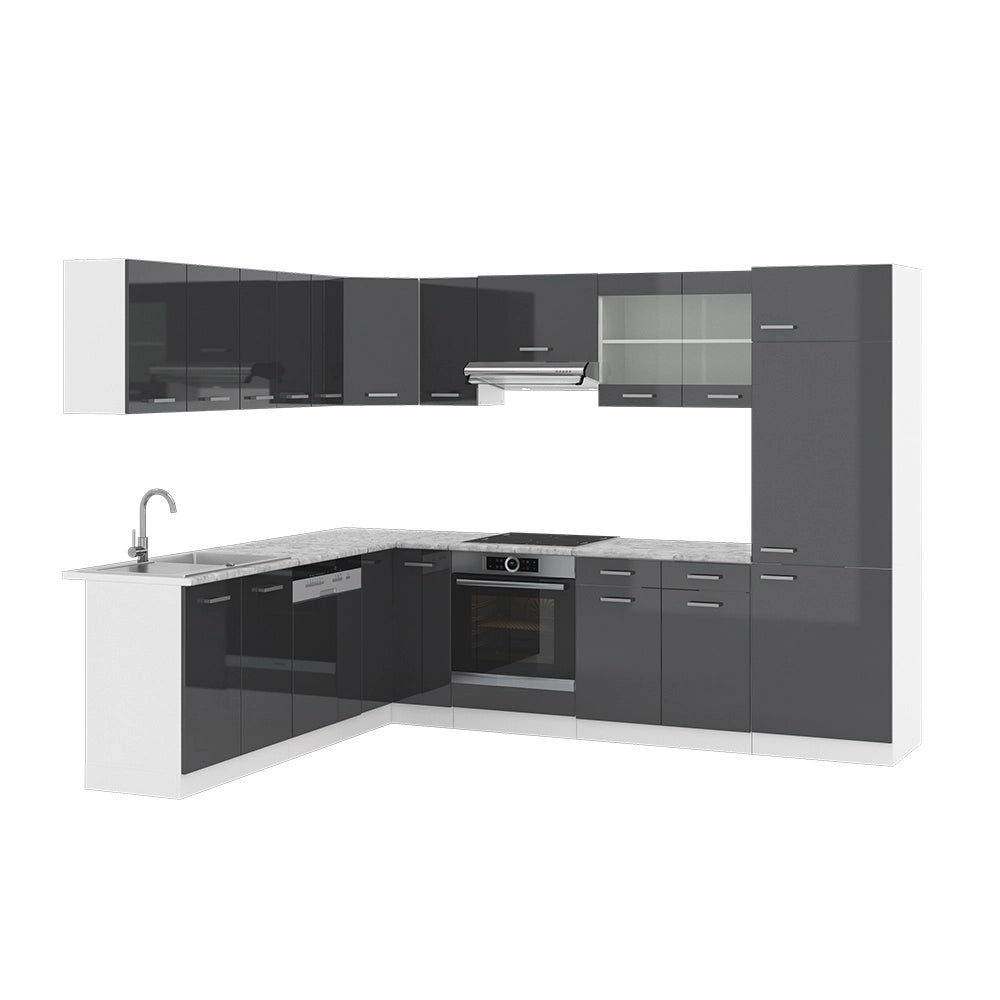 Cucina angolare completa R-Line Antracite lucido/Bianco 287 x 227 cm, PL Marmo Vicco